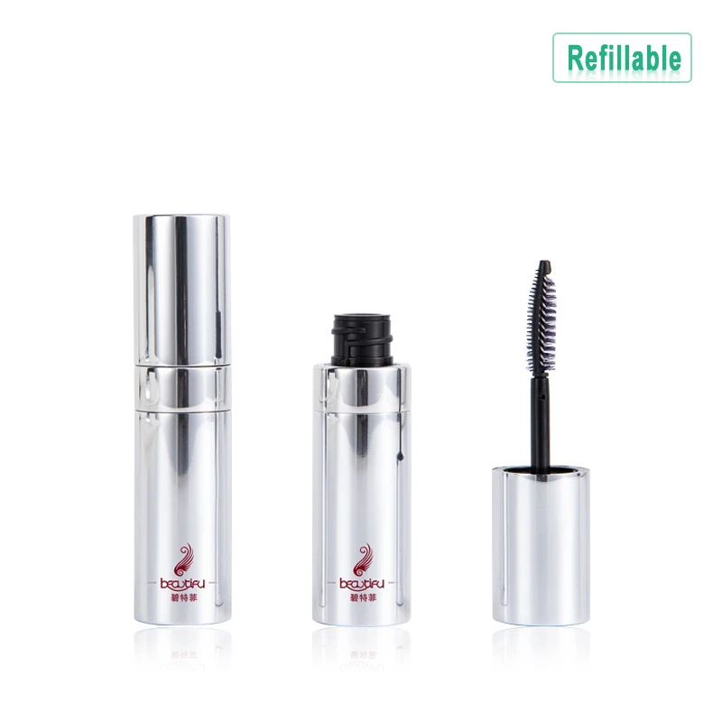 Shiny silver refillable PCR plastic mascara packaging container tube bottle with aluminum shell