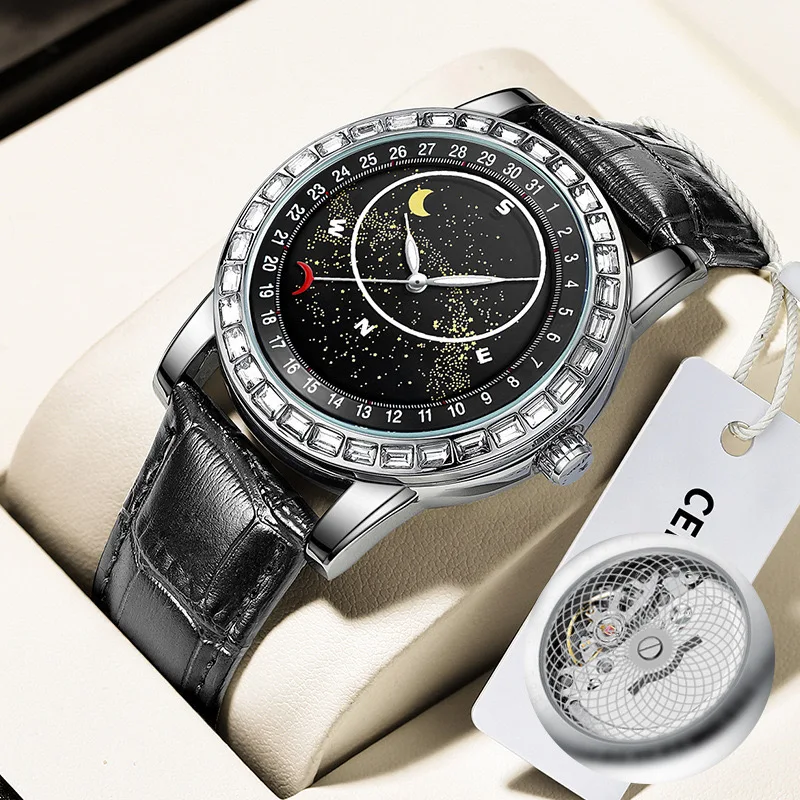 Fashionable Crystal Bezel Excel Watch Japan Quartz ATM Subdials Second Hand Working Star Dust No Mechanical Quartz Watch