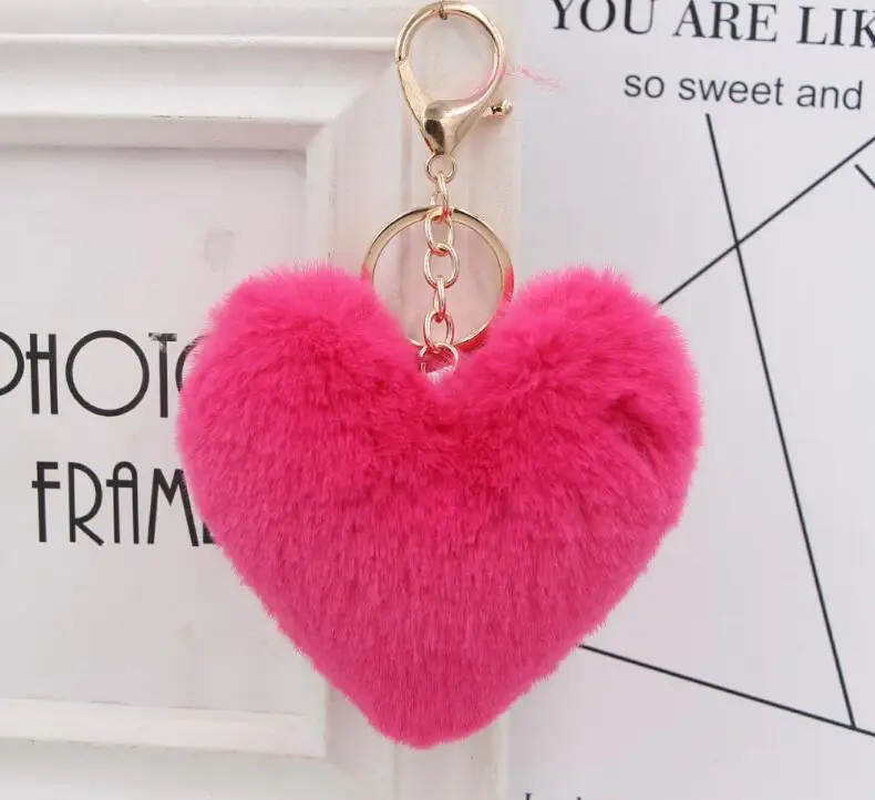 
Fashion Heart Shape Faux Rabbit Pompom Keychain Women Plush Pompom Keyring 