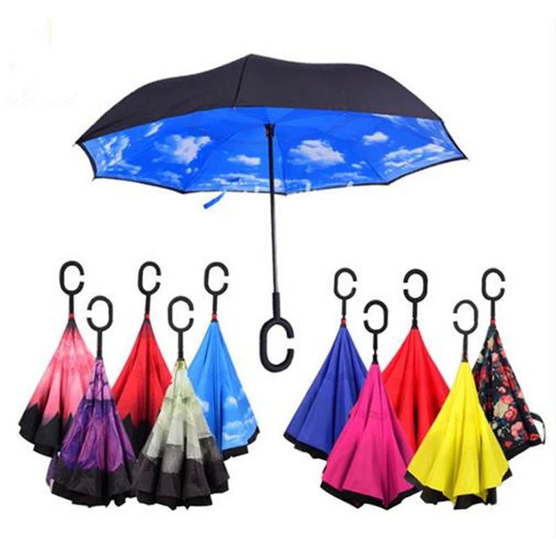 Guangdong supplier waterproof custom print C handle double layer inverted umbrella stick