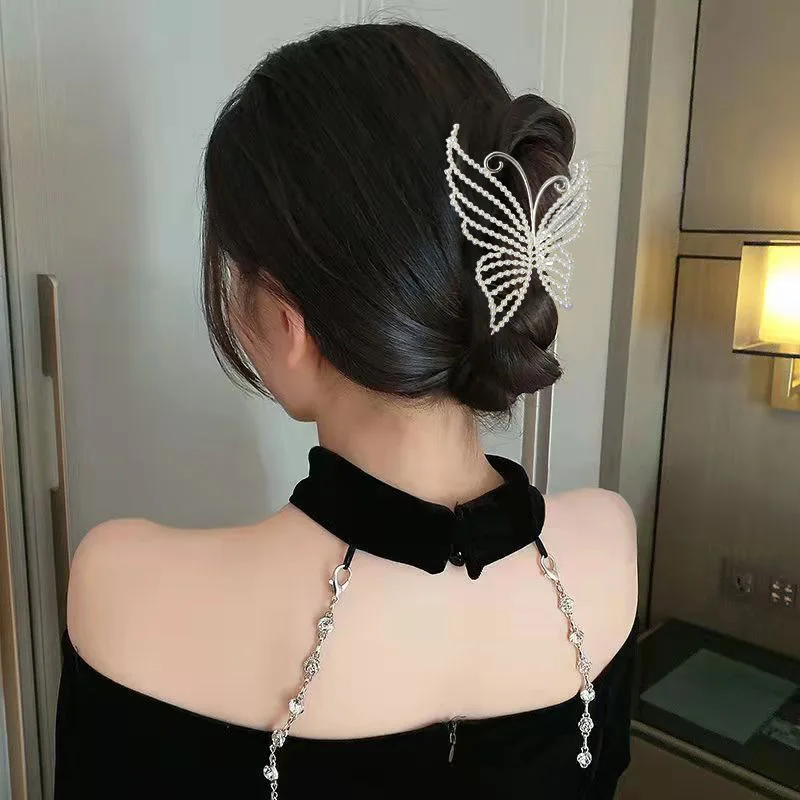 Japan New Fashion Large Butterfly Decoration Metal Hair Claw Pearl Full Crystal Rhinestone Hair Clip Claw Women