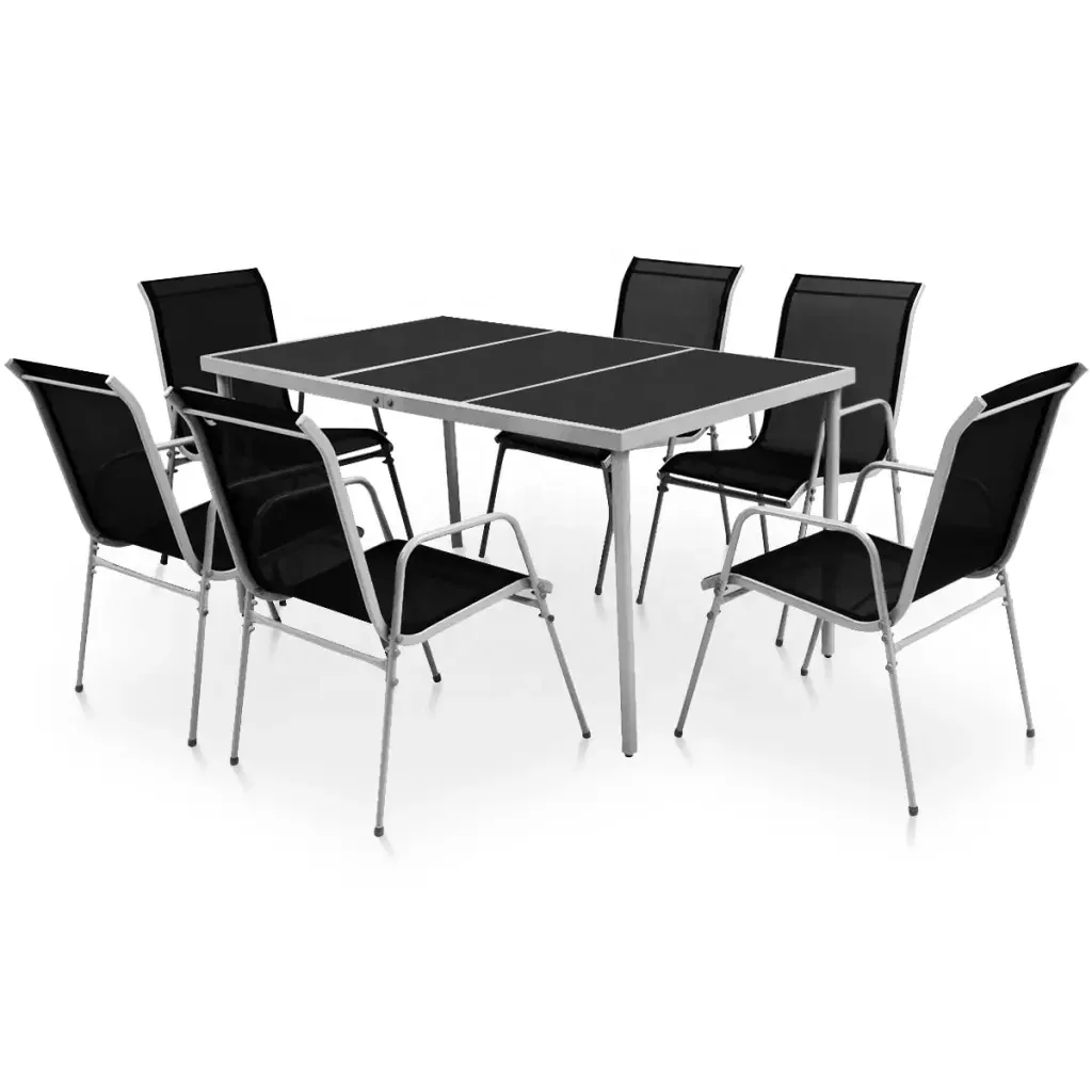 
Steel Black 7 Piece Outdoor Dining Set KD 7PCS Outdoor Sling Chair Outdoor Garden Furniture Set Patio Knocked-Down Table Chair 