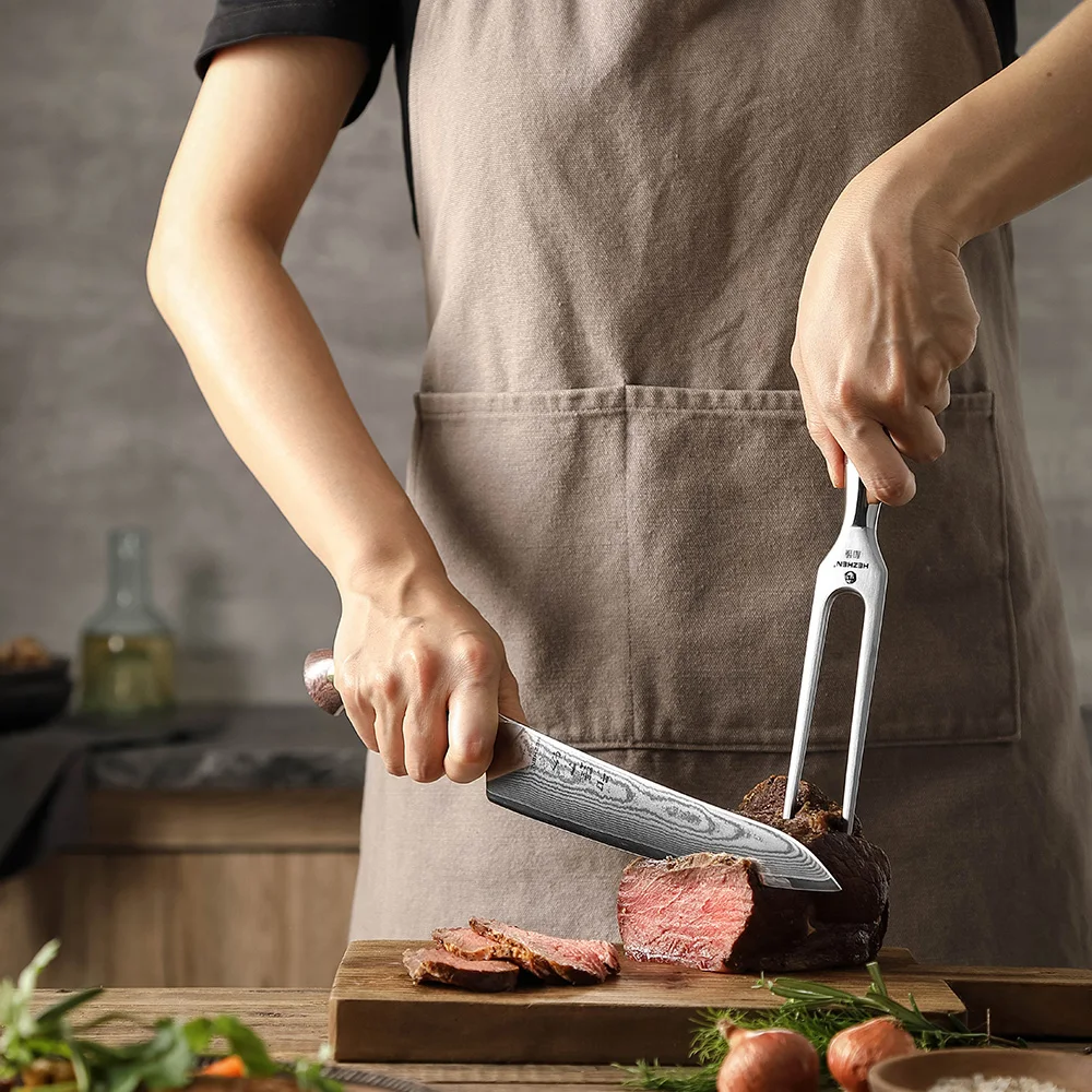 XINZUO New Forged Carving Fork BBQ Grilling Roasting Meat Kitchen Cooking 430 Stainless Steel Micarta Handle Barbecue Cookware