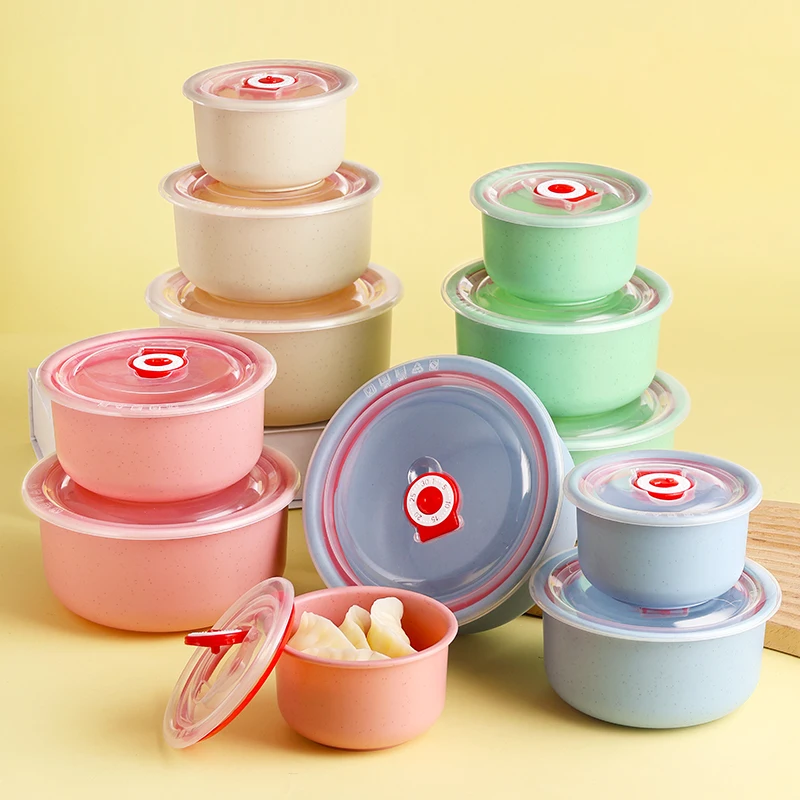 Wheat straw set bowl kitchen insulation fresh-keeping bowl lunch box food-grade transparent cover plastic bowl
