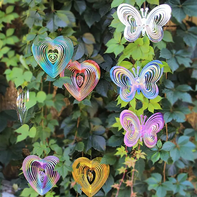 Heart Butterfly Wind Spinners Hanging Ornaments Bird Deterrent Sun Catcher Rotating Wind Chime Home Garden Outdoor Decorations