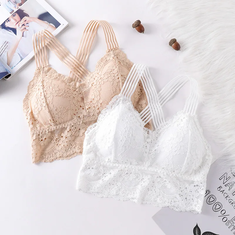 Lace Bralette Halter Bras Criss-cross Back Lace Bra Half Cup Bra Free Size Young Girls Sexy Plain Dyed Padded Deep V Neck Women