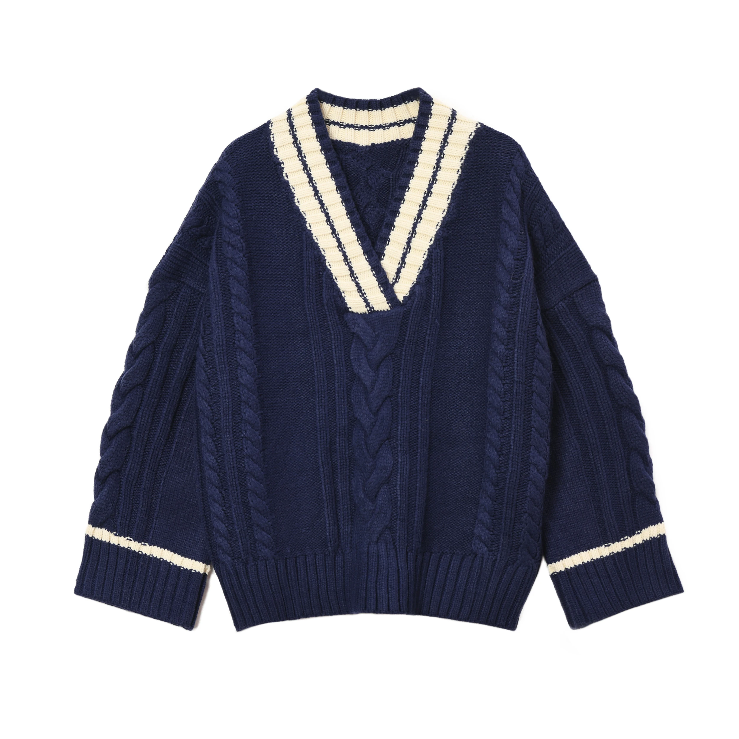 Hot Sale Fashionable Structured Cable Knit Women Autumn Winter Thick Cable Knitted Long Sleeve V-neck Pullover Sweaters