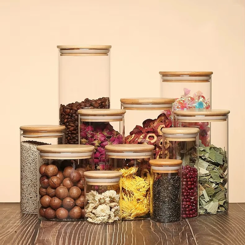 Air Tight Glass Storage Containers Thread Type Borosilicate Glass Storage Jars With Airtight Acacia Wooden Lid