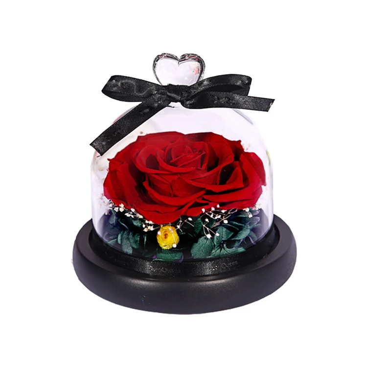 Preserved Roses Led Light Glass Dome Wood Base For Flower Display
