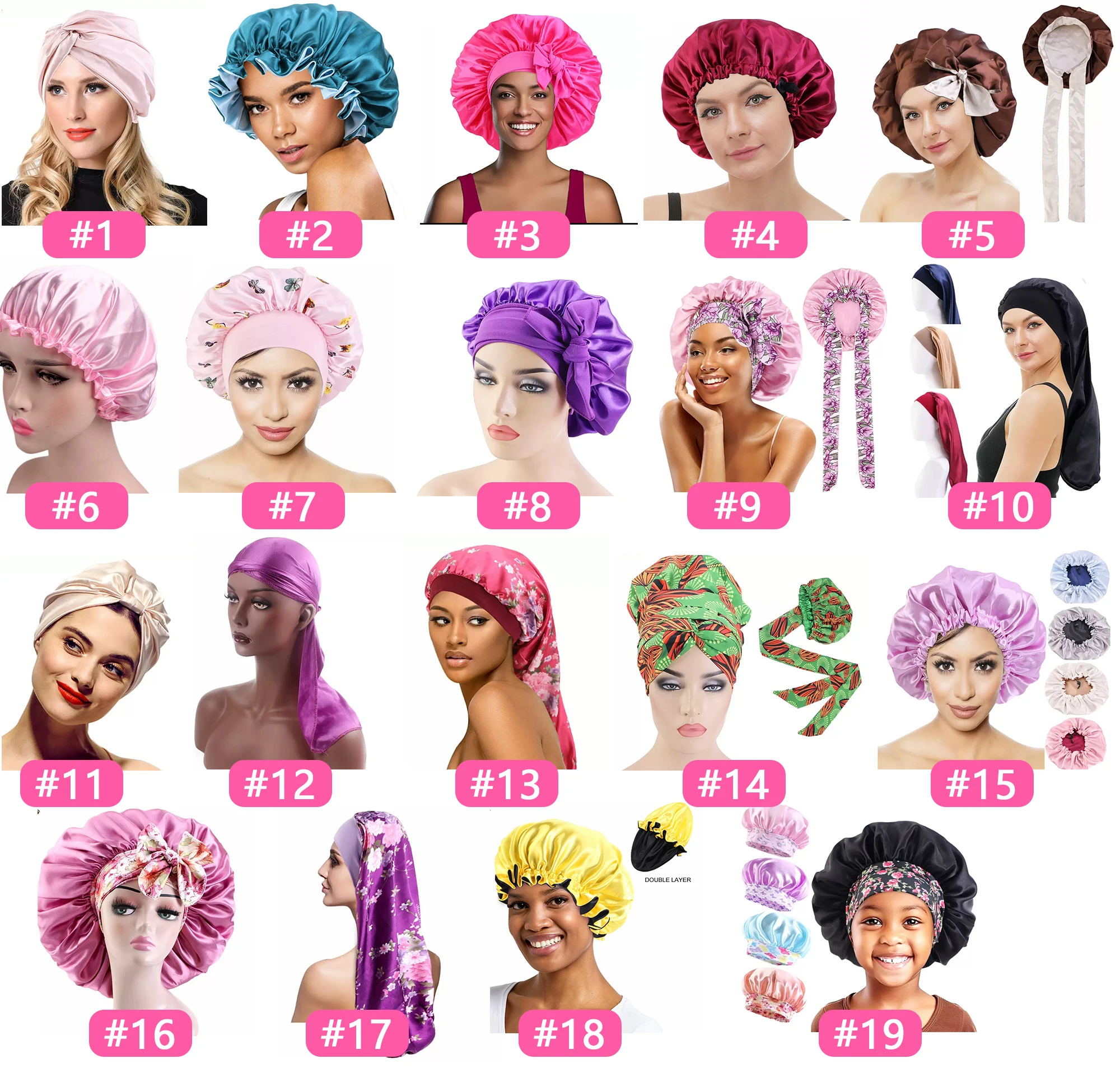 No Logo Soft Satin Bonnet Silk Sleeping Shower Cap double sided reversible bonnet