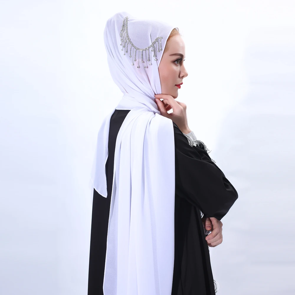 2022 New Designs solid plain color shawl handmade diamond Muslim scarf pearl chiffon hijab