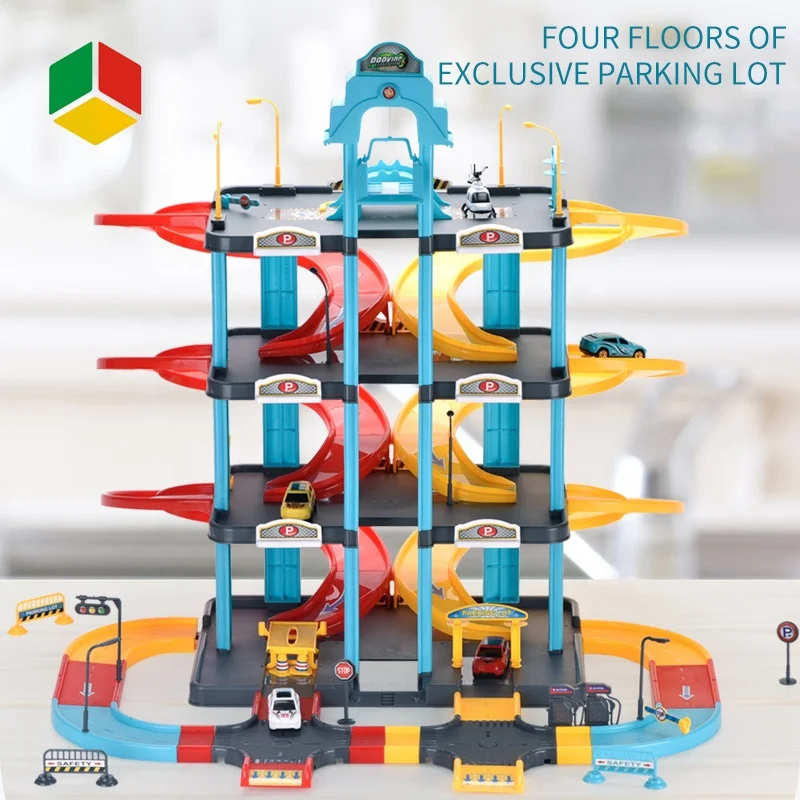 QS High Quality Boy Game Play Against Race Track Set Toys Plastic Garage Toy City Music Light Parking Lot Toy With Car Plane