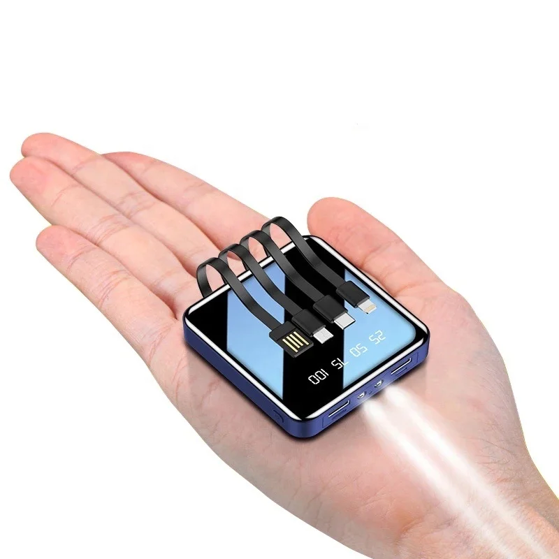 Amazon 4 in 1Portable mobile phone Charger 20000mAh portable mirror power bank  LED Powerbank built-in cable for Iphone