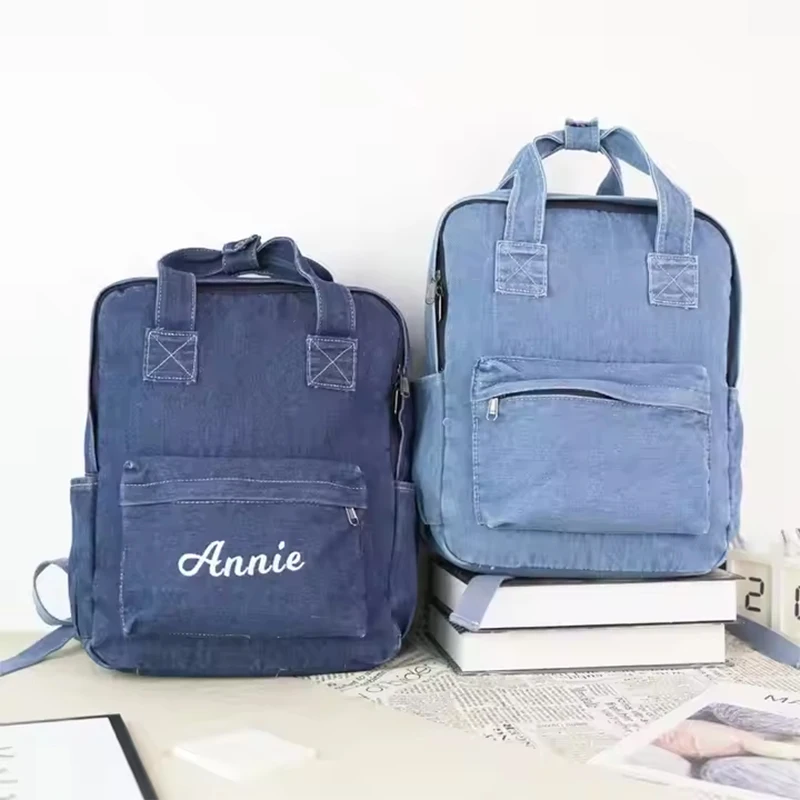 Personalized Embroider Backpack Soft School Backpack Fashion Student Denim Casual Backpack