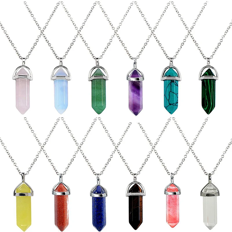 Fashion Real Amethyst Turquoise Tiger Eyes Quartz  Hexagon Natural Stone Pendant Necklace Jewelry For Woman