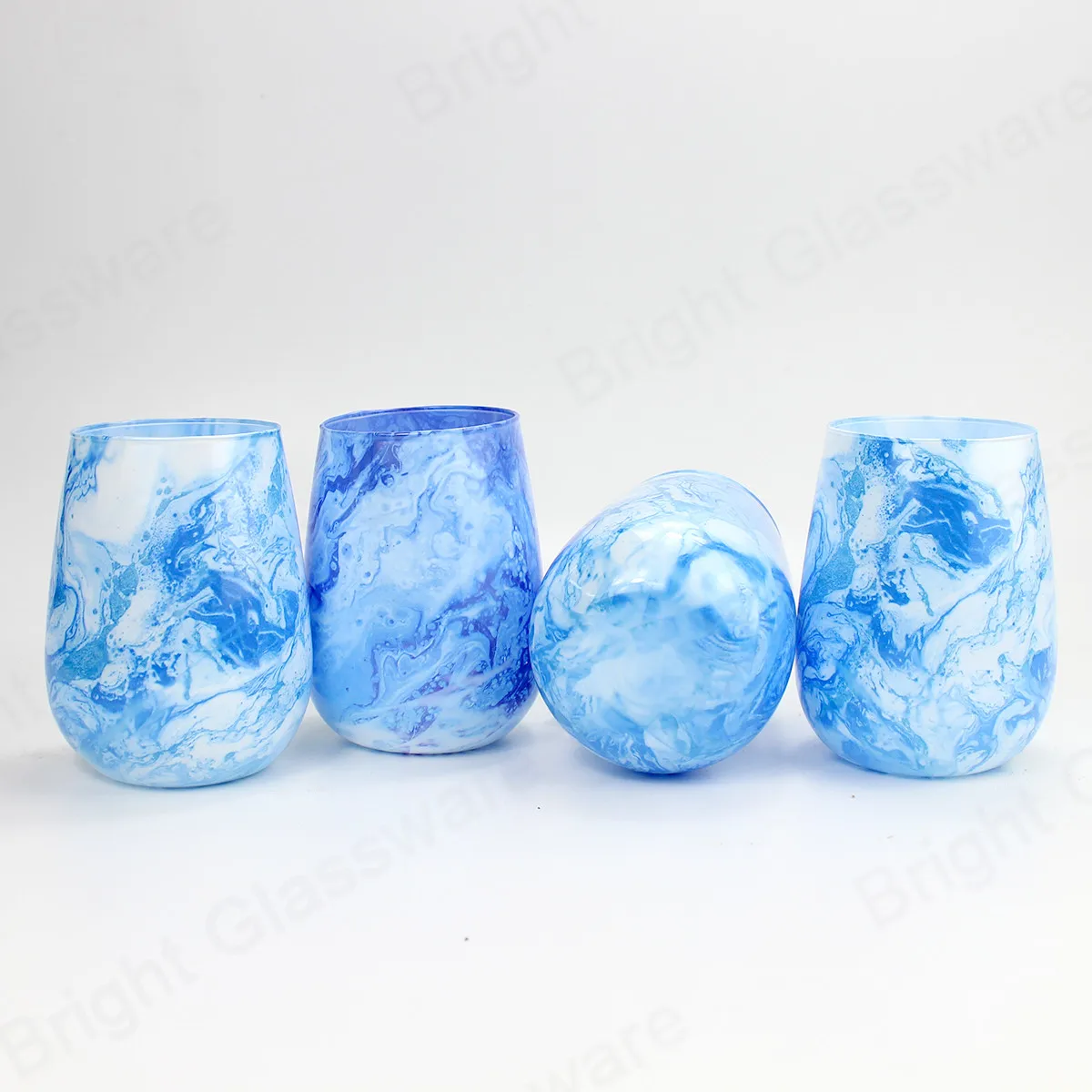 Premier Artistical Blue Wine Cup Shape Candle Jar Water Transfer Printing Candle Holder for Luxury Candle