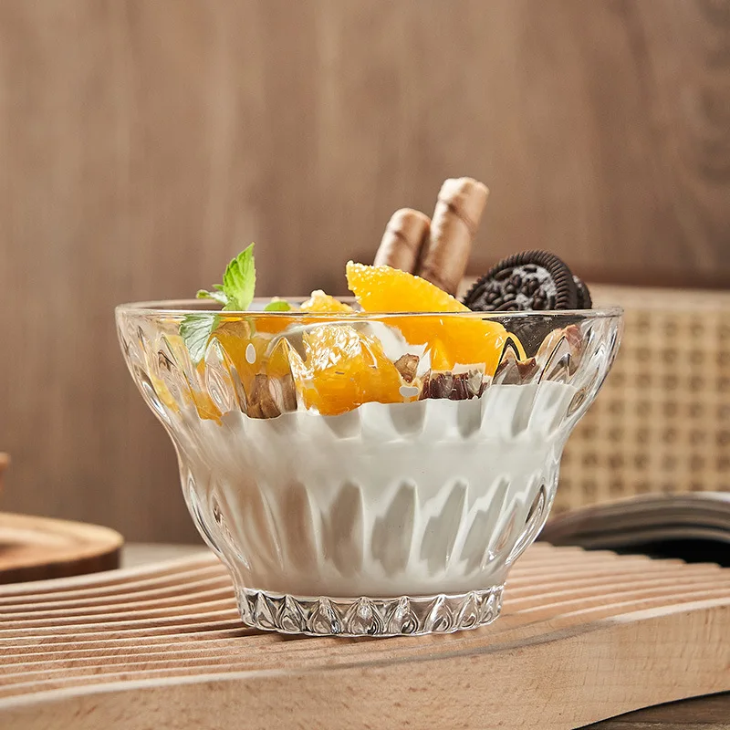 Crystal Glass Embossed Transparent Dessert Bowl Exquisite Home Creative Striped Ice Cream glass Cup