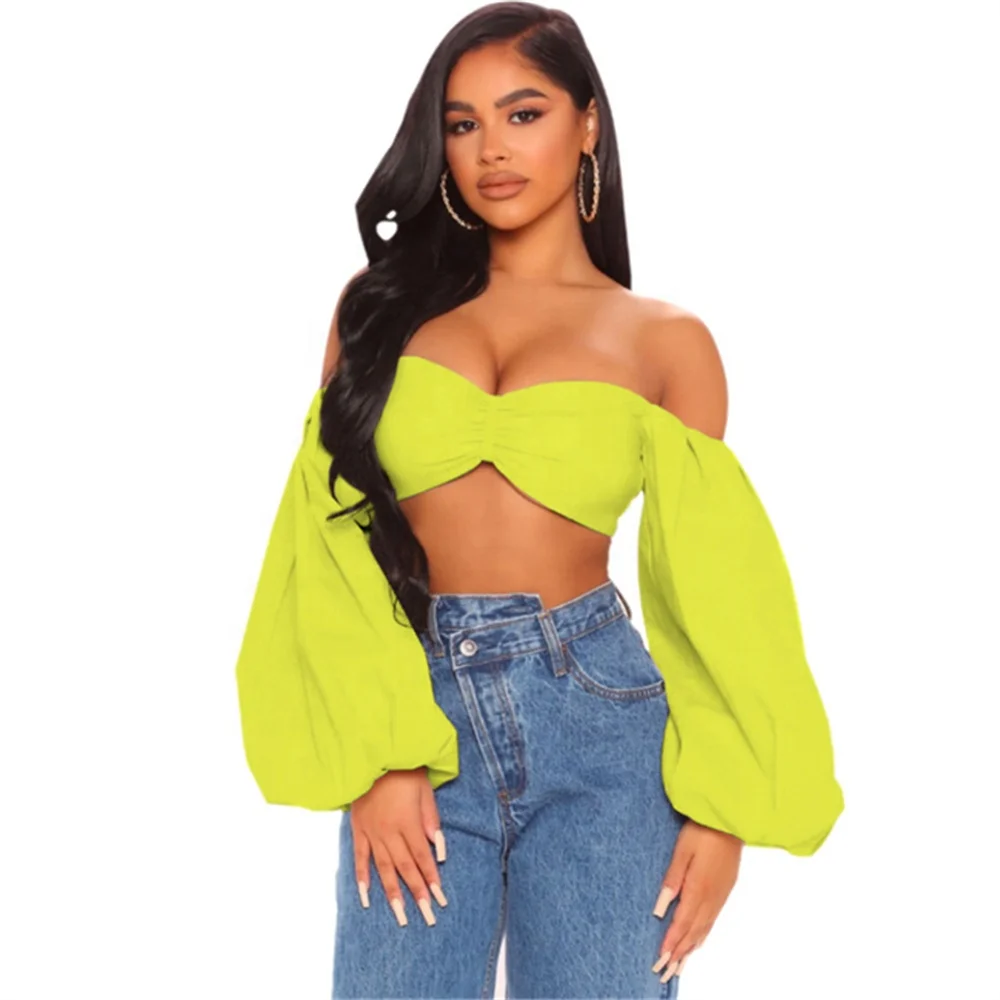 YH-5234 Best Design Womens Off the Shoulder Tops Sexy Backless Flared Sleeves Solid Crop Top Outfit