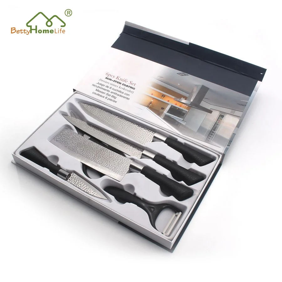 6PCS Professional Stainless Steel Blade Kitchen Knife Set TPR Coating Handle With Kitchen Scissor Vegetable Fruit Peeler