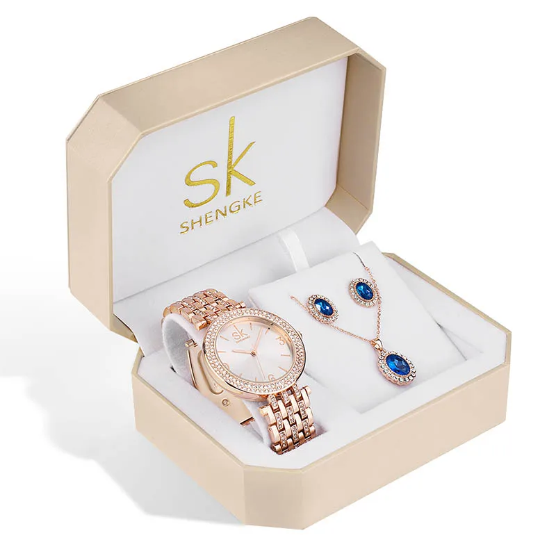 SHENGKE SK Luxury Jewelry Watches Set Bracelets & Bangles Watch Earring Necklace Jewelry Sets Box Dress Watches Sets Women SEIKO