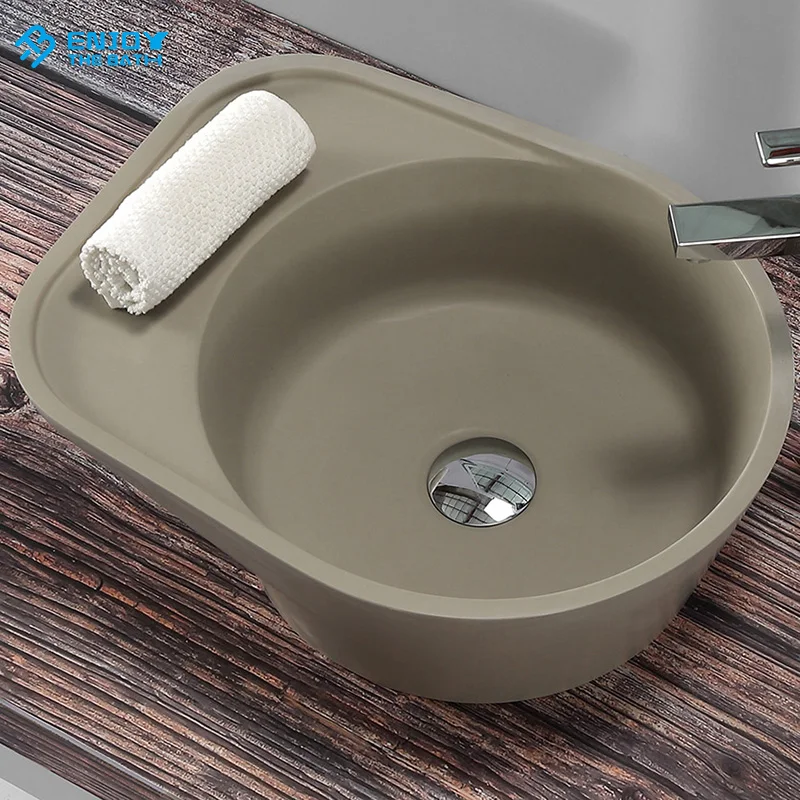 Solid Surface material wash basin cement grey color concrete vanity infinity sink bathroom