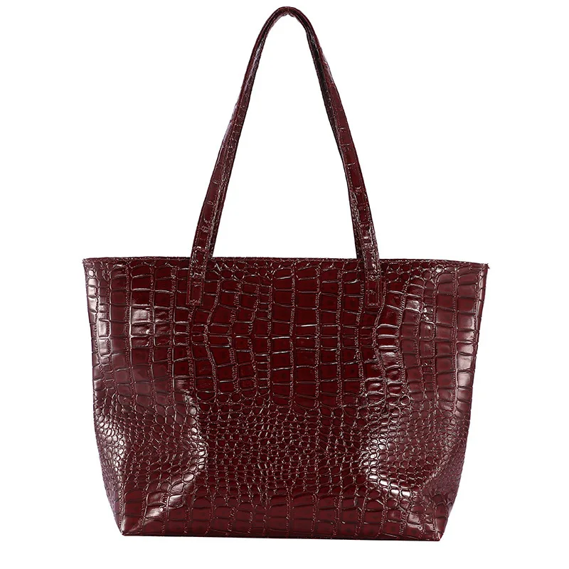 2022 New Simple Cheap Solid Color Pu Leather Shoulder Handbag Women Large Capacity Crocodile Pattern Tote Bag