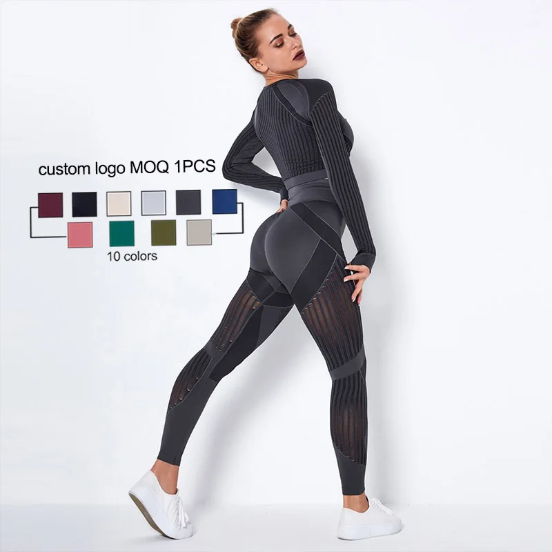 Seamless Mesh Quick Drying Sports Fitness Yoga Wear Gym Outfit Active Wear Mesh Crop Top Long Sleeve Yoga Pant Leggings Set