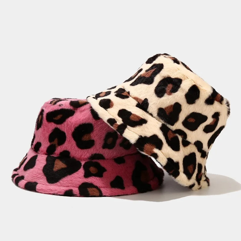 Wholesale Custom Women Colorful Leopard Printed Pattern Design Winter Thick Furry Plush Fisherman Bucket Hat Caps