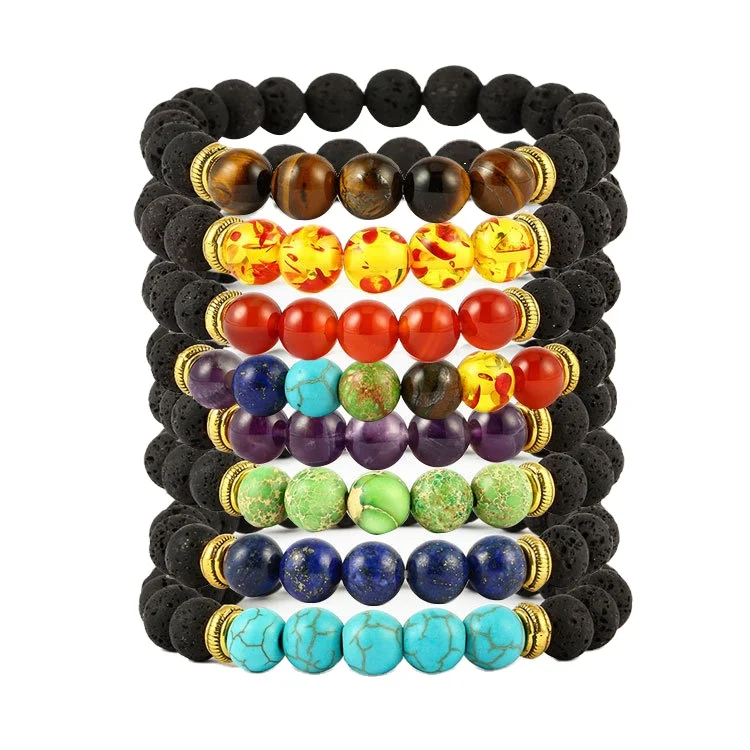 Оптовая продажа разноцветные бусины с натуральным целебным балансом 7 чакр диффузор браслет лава камень Йога бисерные браслеты
