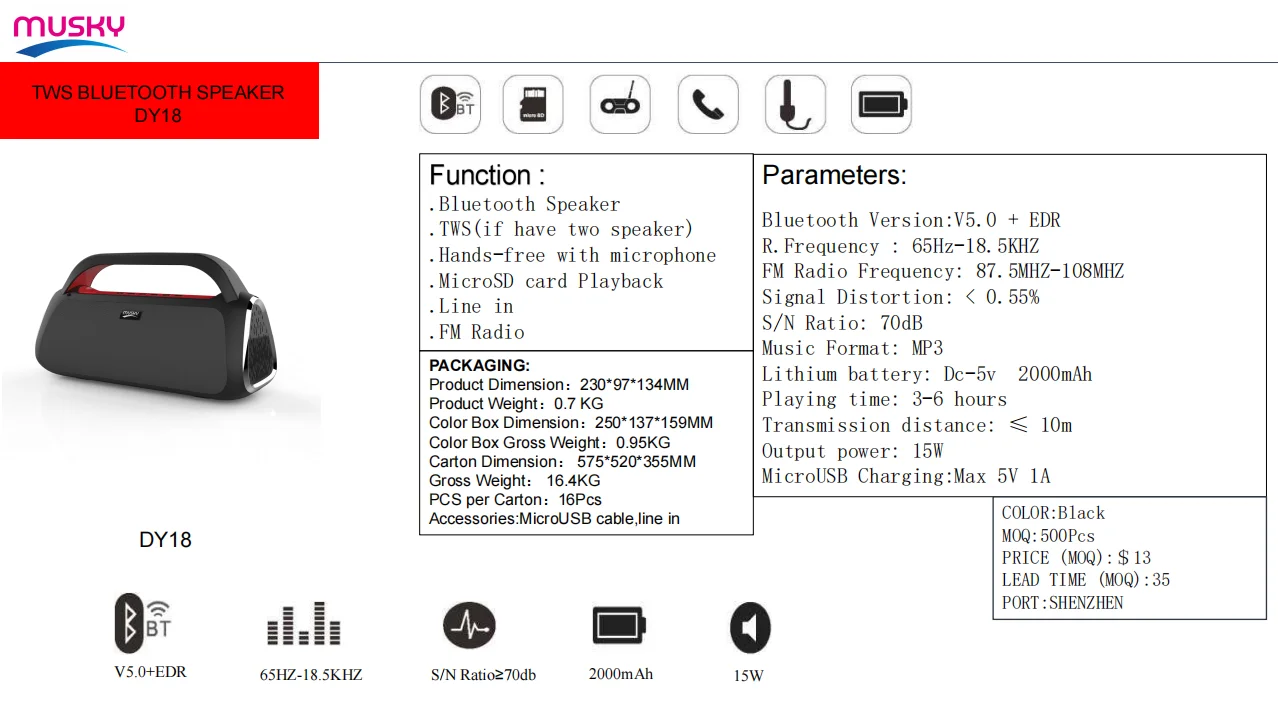 
MUSKY DY18 Super Bass Portable Mini Karaoke Waterproof Subwoofer Wireless TWS Blue tooth Computer Speaker with Microphone 