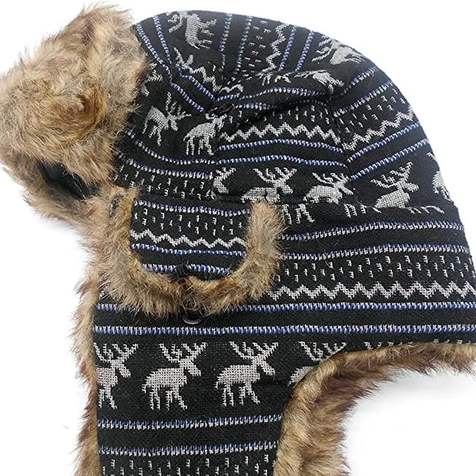 Winter Trooper Hat Wool Blend Buffalo Check Faux Fur Aviator Outdoor Bomber Pilot Ski Hat