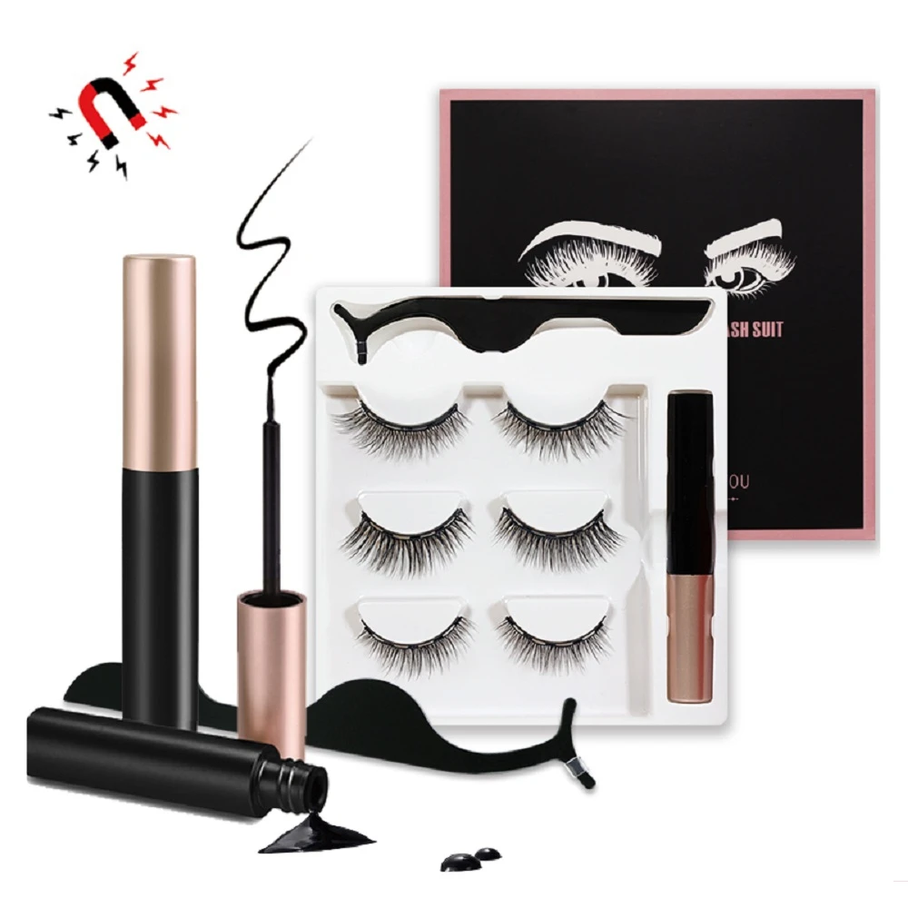 Faux Mink Magnetic Eyelashes Private Label 3 Pairs Lash Magnetic Lashes Wholesale Natural Hair 2 Magnets False Magnetic Lash Kit