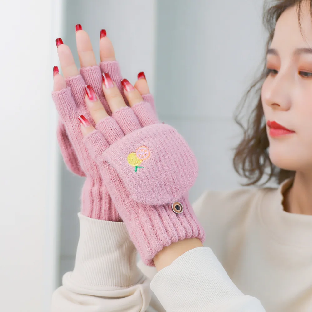 OEM Wool knit clamshell gloves warm versatile fruit print cycling students writing finger gloves