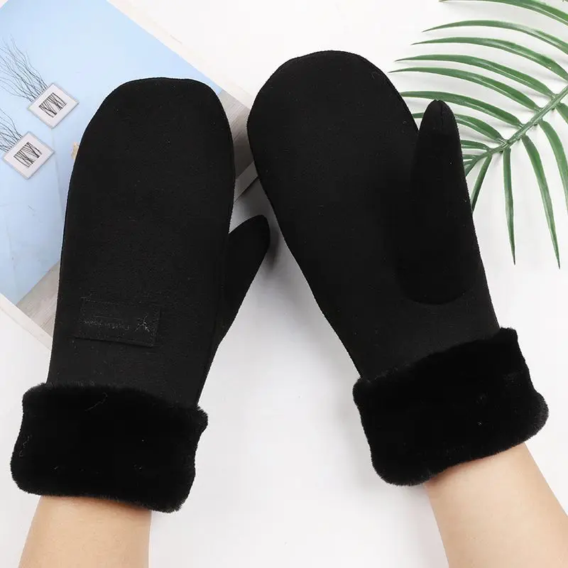 Wholesale Winter Cute Thick Plush Warm Suede Leather Mittens Gloves For Lady Girl With Lanyard