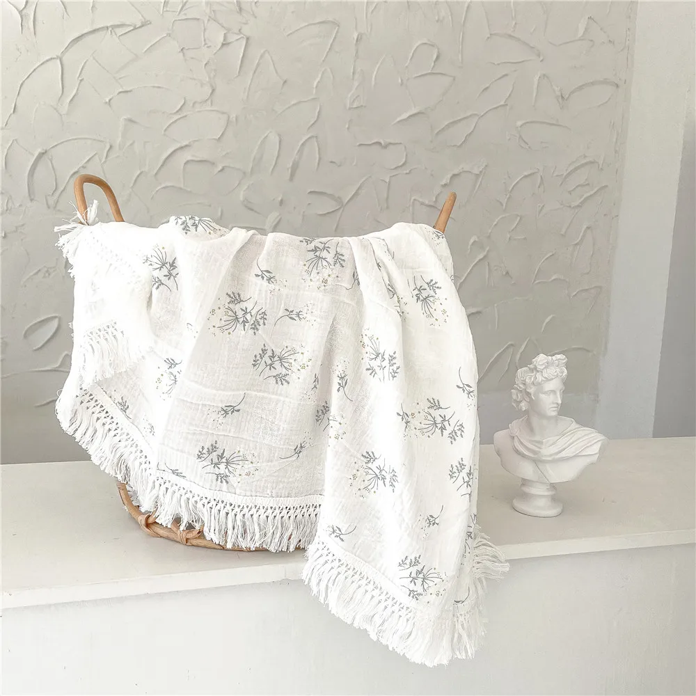 Boho Rainbow Star Moon Muslin Baby Blanket Wrap Gauze Quilt Leopard Floral Tassel Fringe Baby Muslin Cotton Swaddle Blanket