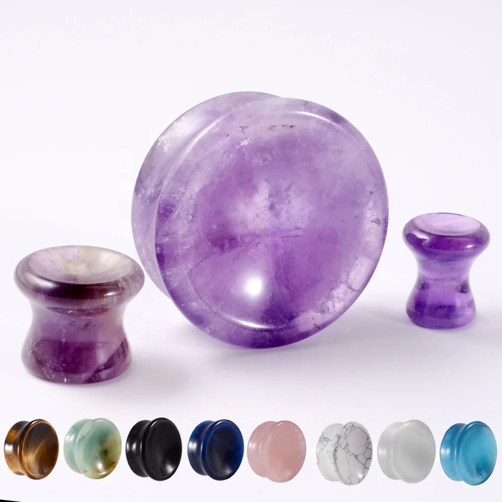Organic Natural Concave Ear Plug Double Flare Solid Ear Gauge Amethyst Tiger Cat Eye Howlite Obsidian Stone Wedding Gifts