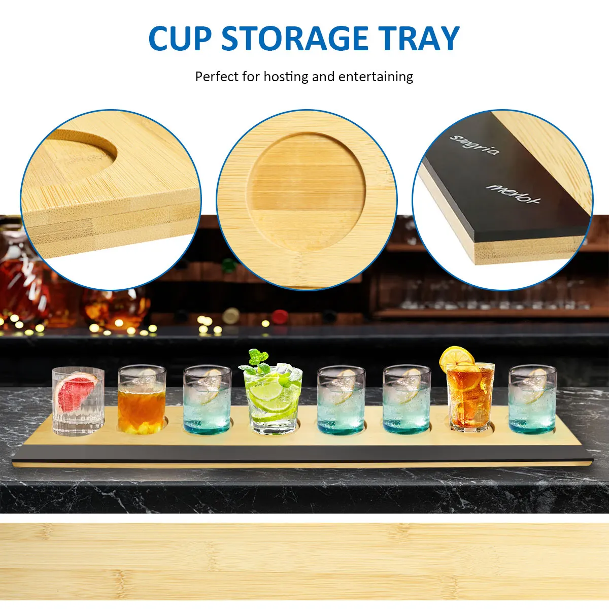 Bamboo Beer Sampler Tray 8 slots Shot wine Glass Tray storage Standing holder whiskey shot glass holder tray with Chalkboard