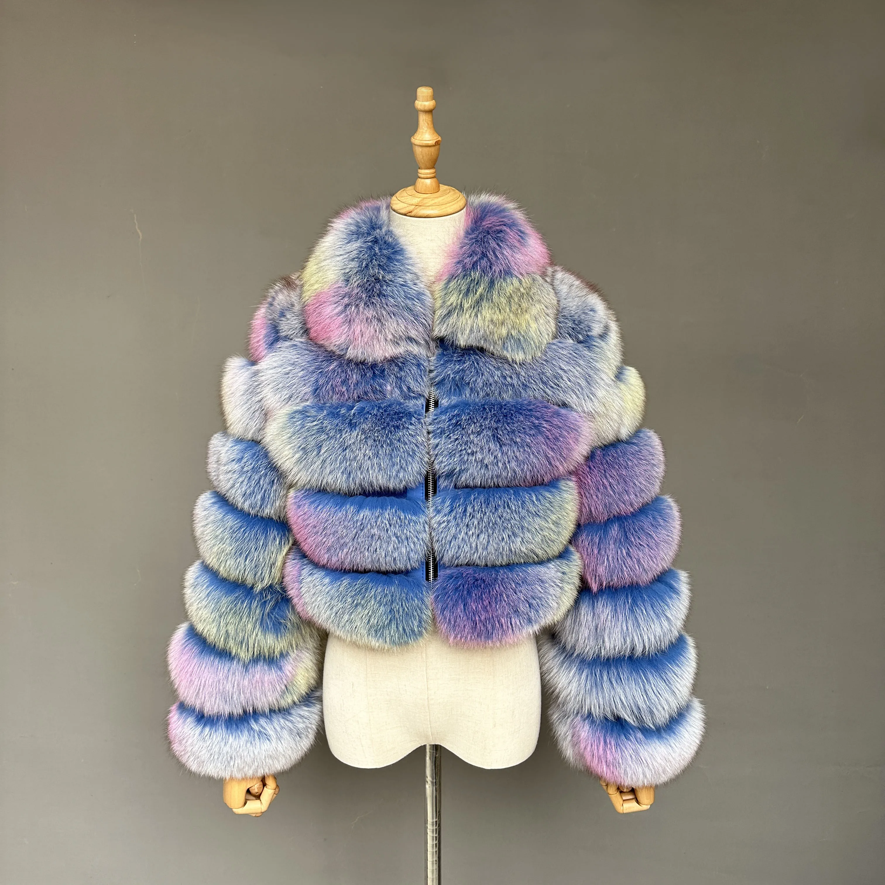 Mix Blue Colorful Genuine Fox Fur Coat With Zipper Women  Real Fur Cropped Short Jacket Lapel Winter Ladies