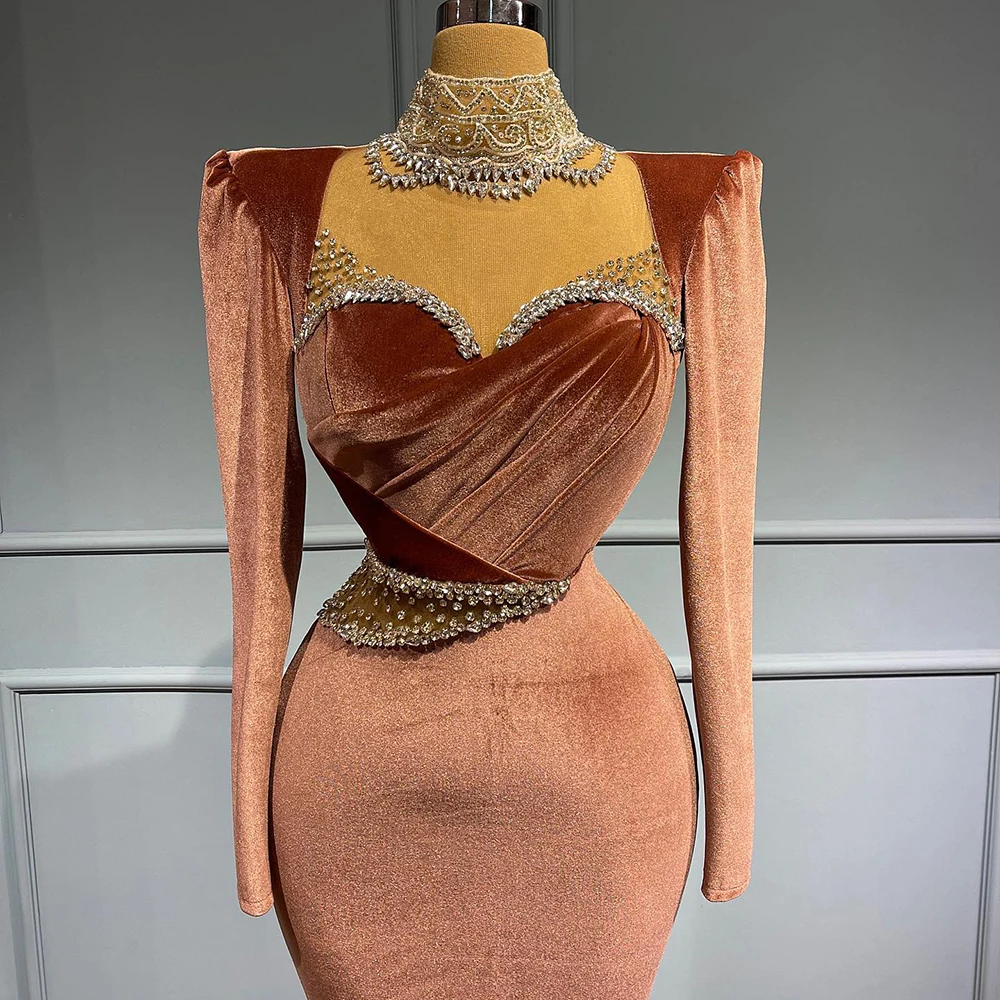 Peach Mermaid Sweetheart Velvet Evening Dresses Serene Hill LA71544 Long Sleeves Elegant Formal Event Gowns For Women
