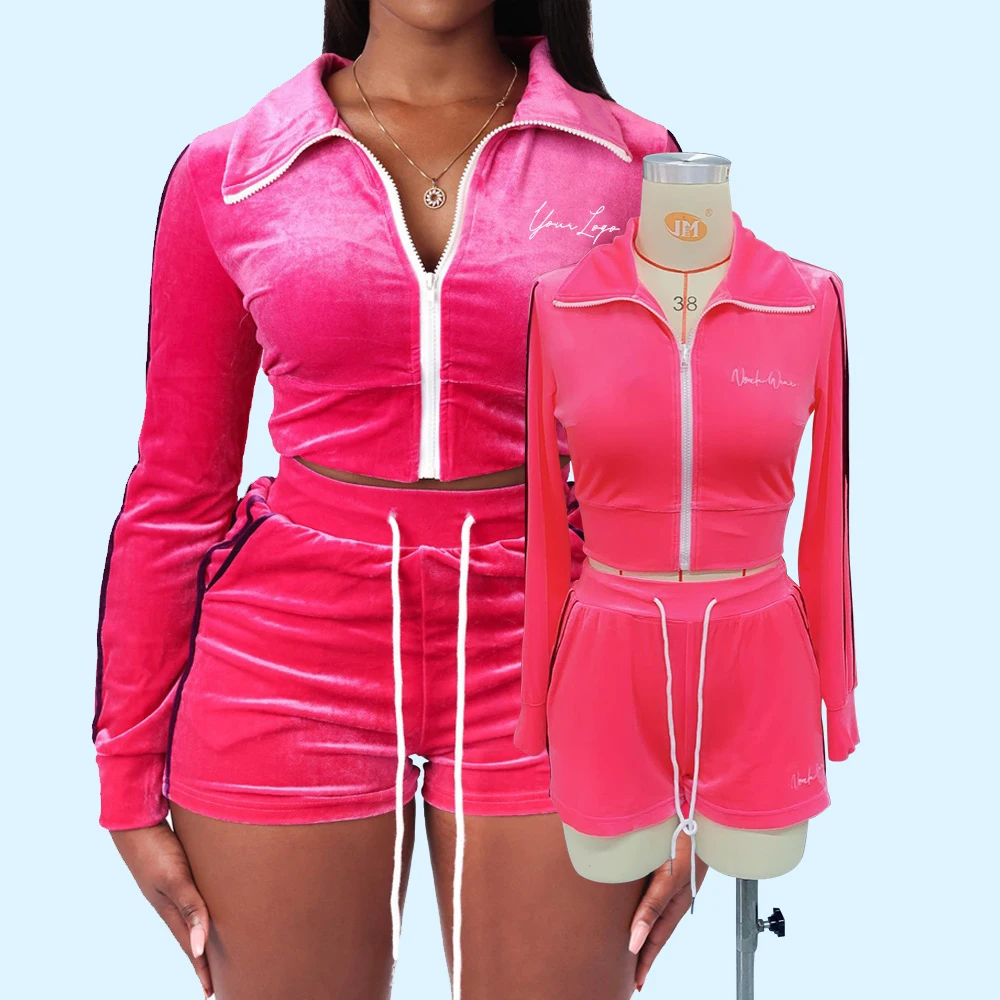 huilin custom cropped velour tracksuit zip through womens tracksuits 2 piece set blank shorts sets tracksuit outfits for women