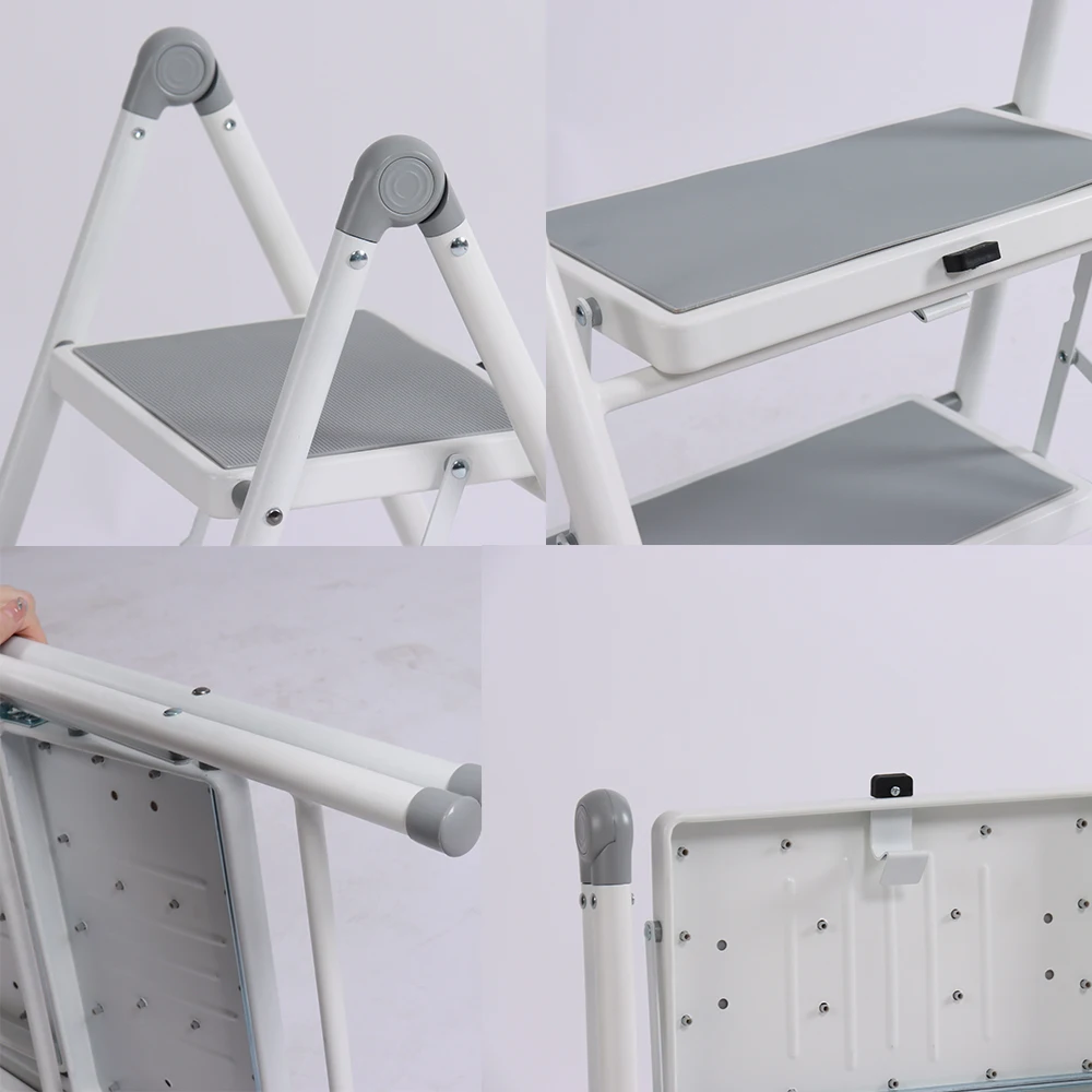 Simple design safety fold step stool kitchen metal steel folding 2 step chair ladder with anti-slip foot cap