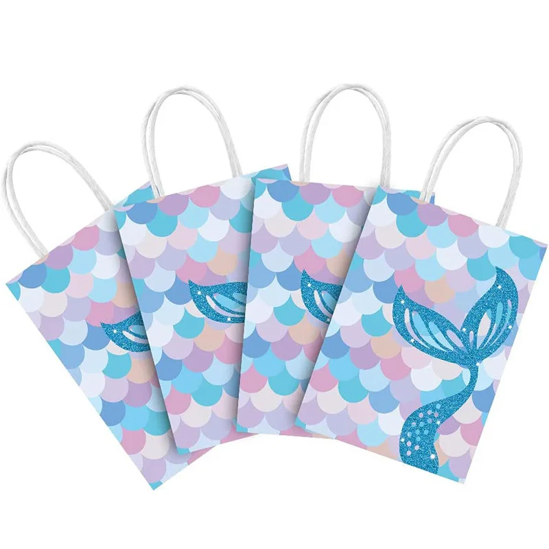 New Arrival White Kraft Paper Bags with Handle Mermaid Theme Candy Gift Carry Bag  Party Decoration