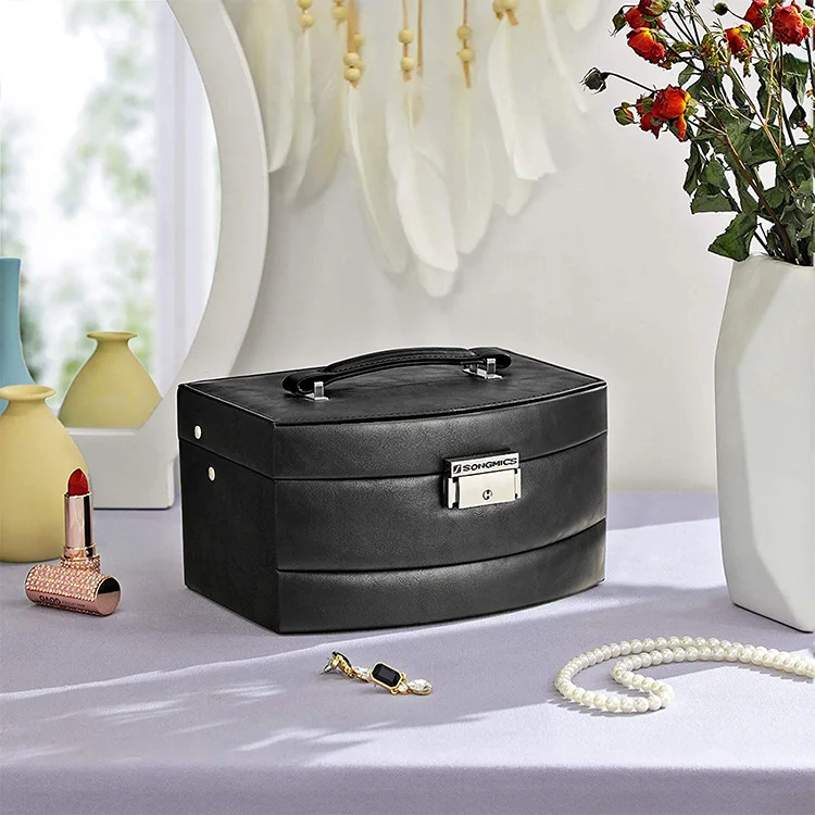 Luxury leather white three drawers jewelry box with mirror hinge and lock desktop velvet travel jewelry packaging box