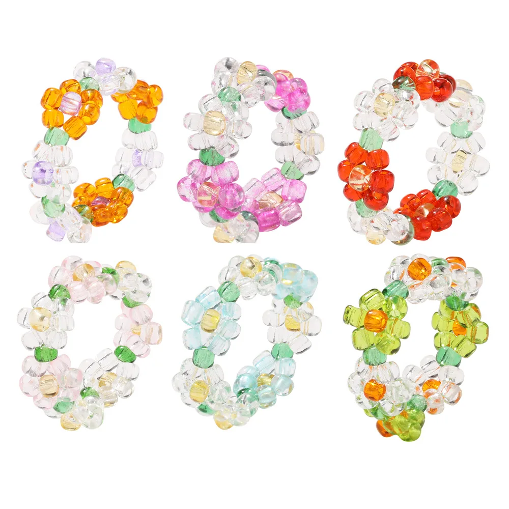 Fashion Resin Seeds Beads Flower Elastic Rings Women Sweet Colorful Adjustable Finger Ring Funny Summer Jewelry For Gifts
