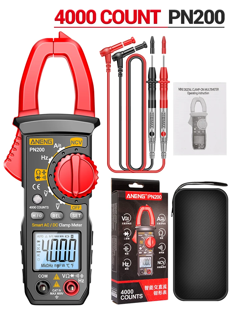 ANENG PN200 Цифровые токоизмерительные клещи DC/AC 600A ток 4000 отсчетов мультиметр переменного тока Амперметр тестер напряжения автомобиля Гц постоянной ёмкости универсальный конденсатор