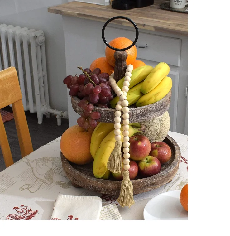 Creative Distressed Black Wood Metal Handle 2 Tier Wooden Tray Cake Stand