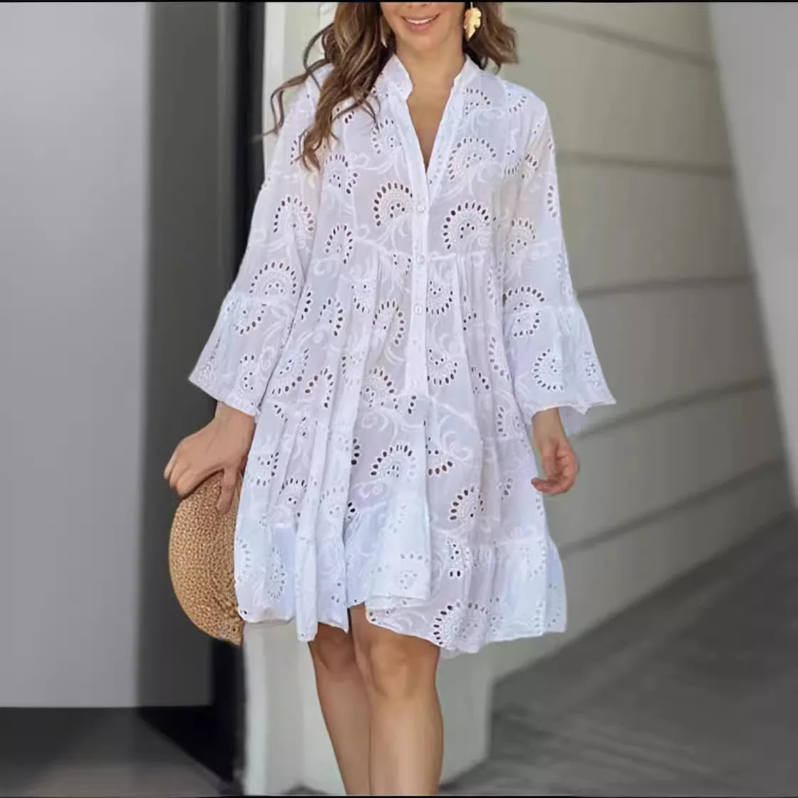 Custom Logo Fashion Summer Spring Ladies Casual V-Neck Loose Embroidered Hollow Out Lace Sexy Shirt Dress Women Skirt