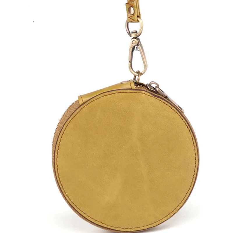 Real Leather Women Coin Purse Zipper Custom Round Leather Coin Wallet Pouch Bag Small Mini Coin Purse with Wristlet