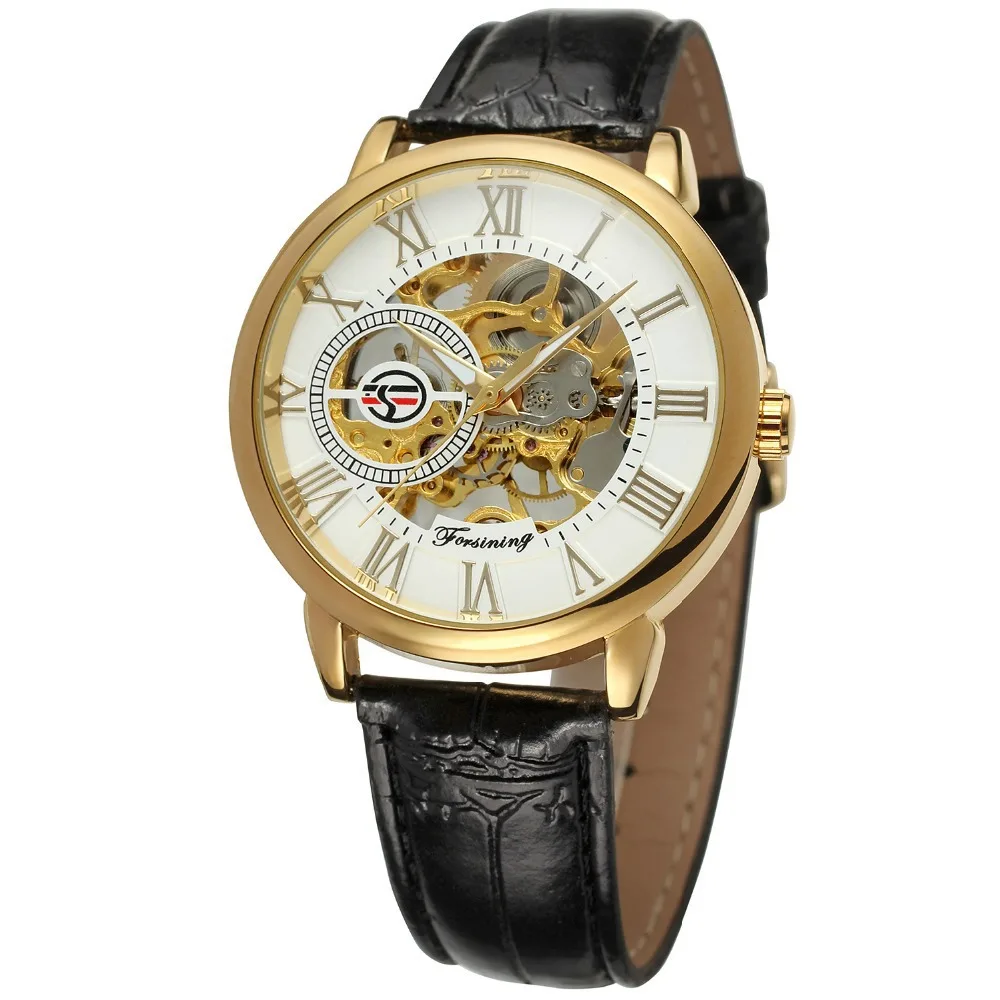 Men Luxury Mechanical Skeleton Watch Black Golden 3D Literal Design Wristwatch Forsining A099 Leather Watch