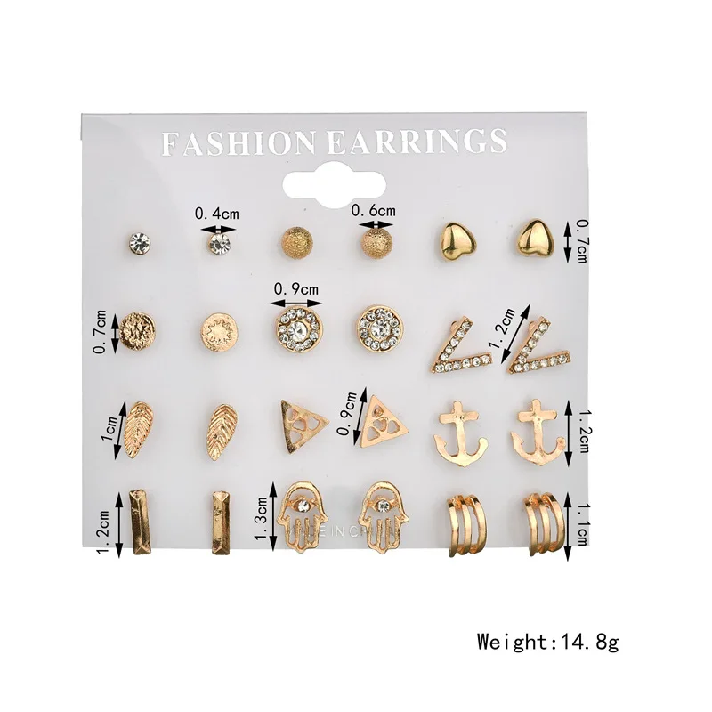 
12 Pairs/Set Silver Gold Stud Earring Set Minimalist Jewelry Korean Style Mini Rhinestone Metal Earrings For Women Gift 